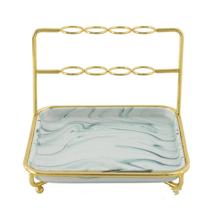Modern short-style cosmetics storage rack on a desktop, made from iron and ceramic, shown in a choice of colours.