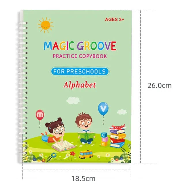 English children's handwriting practice copybook with groove design, pen, and ten refills