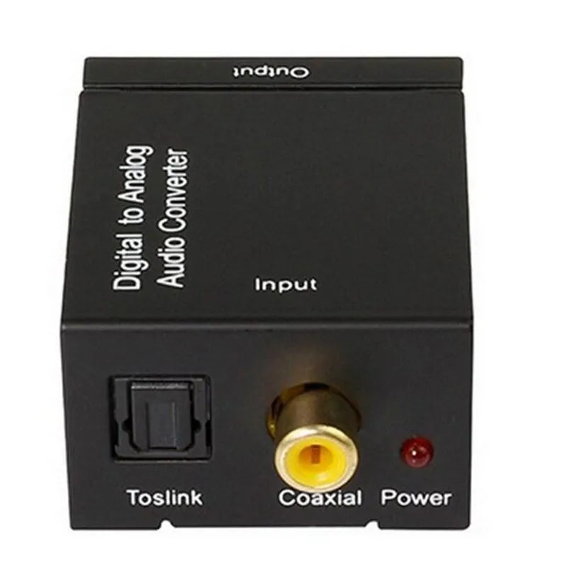 Black digital to analogue audio converter with Toslink and RCA inputs, RCA outputs, 5V power port.