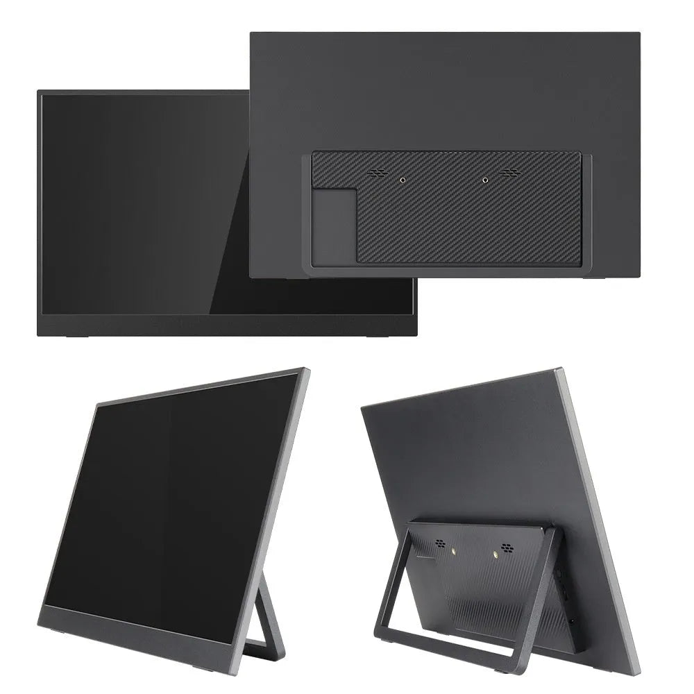 Black 15.6-inch portable USB-C monitor with adjustable stand on a desk, showing a desktop application.