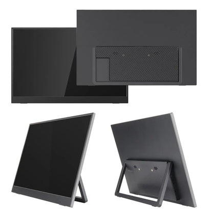 Black 15.6-inch portable USB-C monitor with adjustable stand on a desk, showing a desktop application.