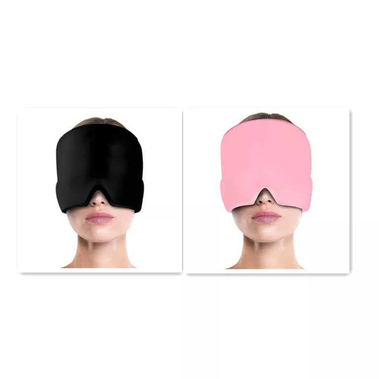 Ice Compress Headache Relief Hat in black and pink, offering 360-degree cold therapy for migraines and stress