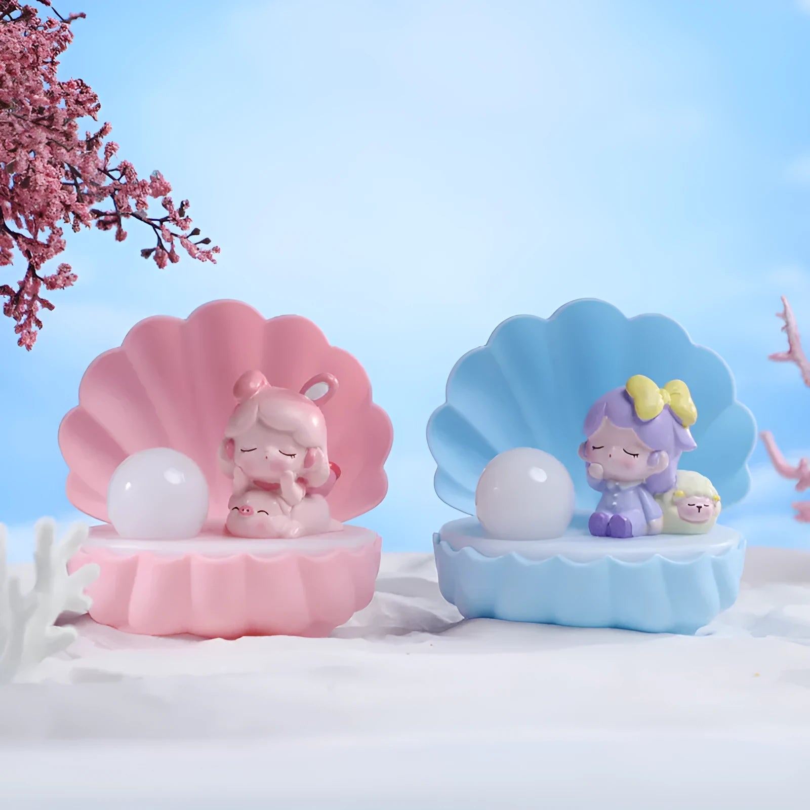 Shell-shaped resin night light with cartoon character design in choice of four colours