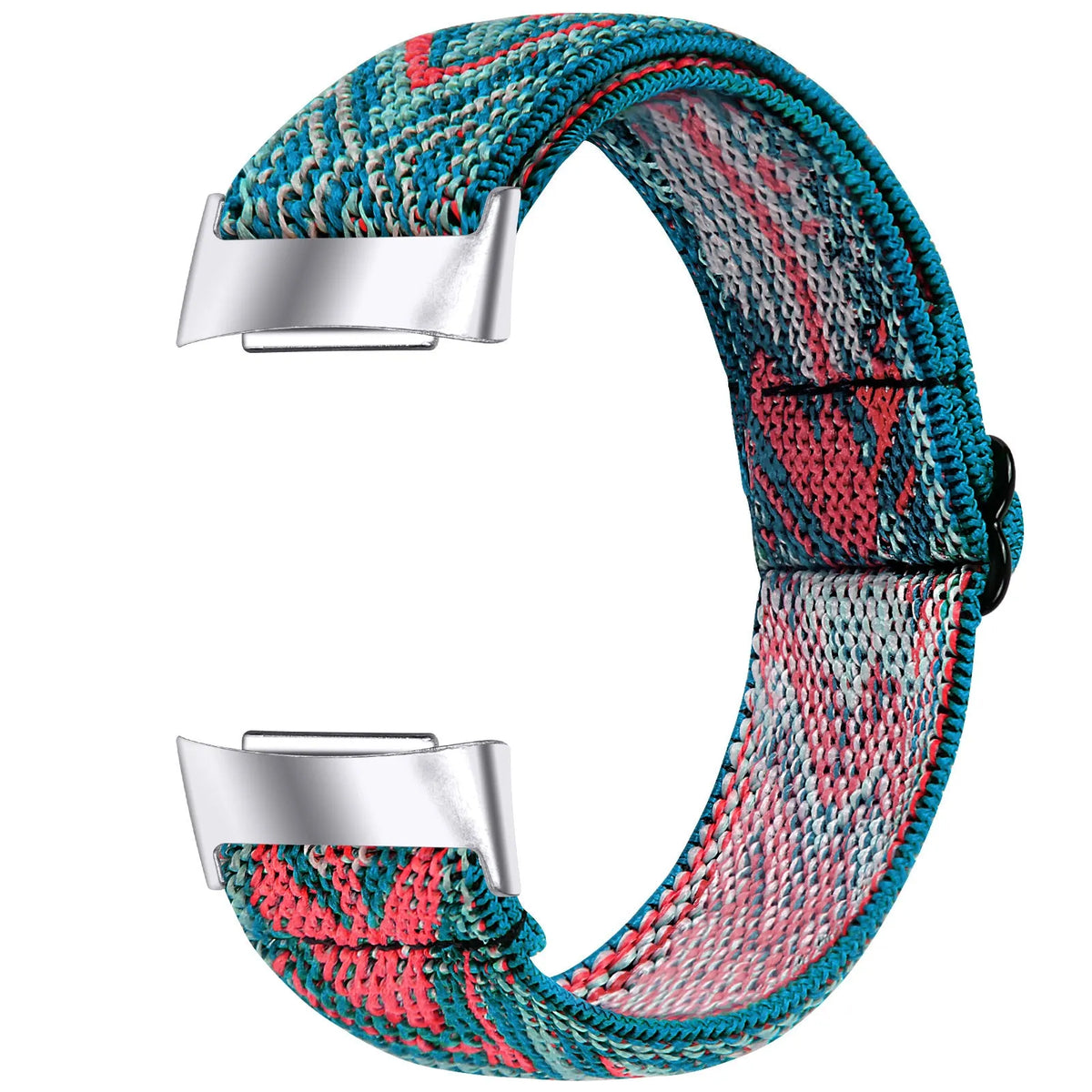 Printed elastic watch strap compatible with Fitbit Charge 6 shown in adjustable position