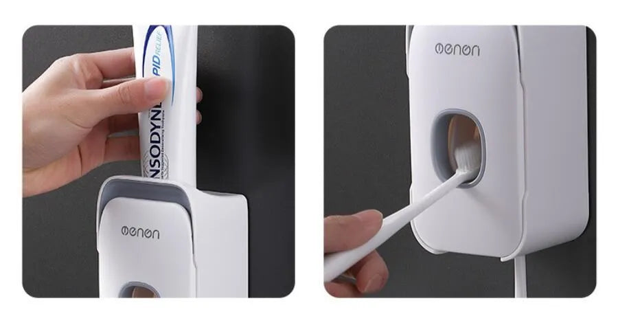 Automatic wall-mounted toothpaste dispenser in blue, grey, and pink colours with LED touch sensor.