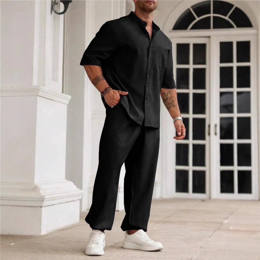 Men's cotton linen casual trousers set with short-sleeved button shirt in black, grey or apricot