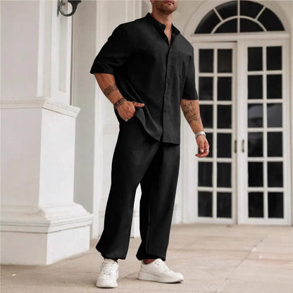 Men's cotton linen casual trousers set with short-sleeved button shirt in black, grey or apricot