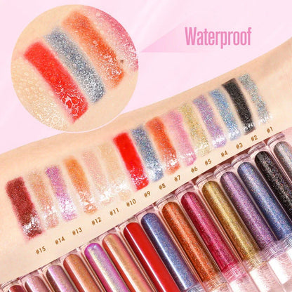 15 Colour Laser Lip Lacquer tubes showing waterproof formula with laser powder technology