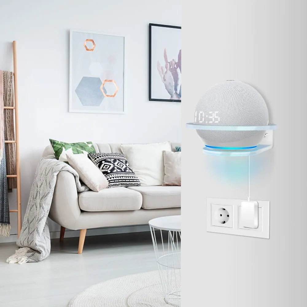 White plastic wall mounting bracket for an Amazon Echo DOT 4 smart speaker.