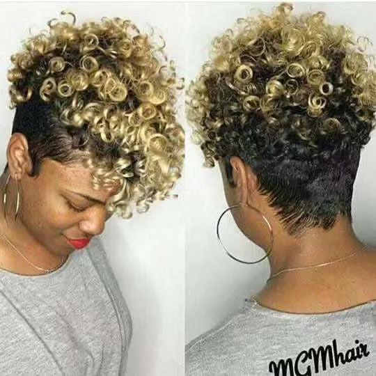 Women's short synthetic wig in simple rolls style made from Kanekalon fibre, available in black, brown, gold, and grey exotic colour options, suitable for any face type and skin tone.