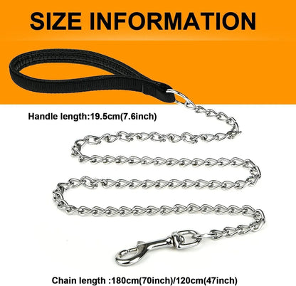 Heavy duty metal dog leash with black chain and soft padded handle, measuring 120cm in length