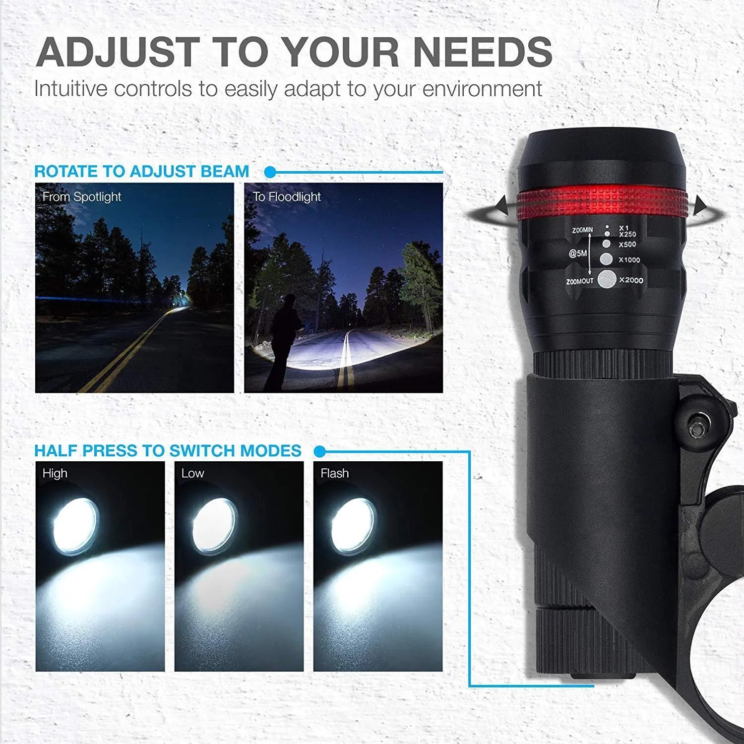 Bicycle front headlight and red rear taillight set with mounting brackets on a bike handlebar and seatpost.