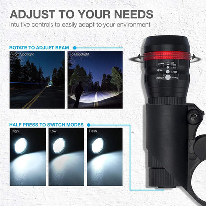 Bicycle front headlight and red rear taillight set with mounting brackets on a bike handlebar and seatpost.