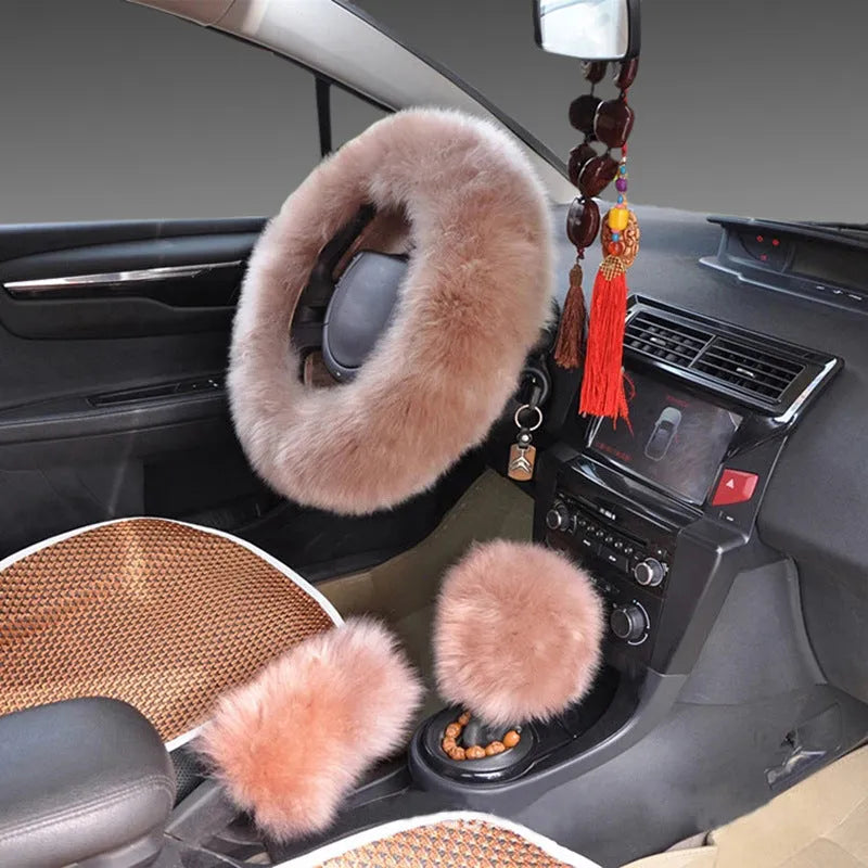 Wool steering wheel cover and handle cover set for car interiors