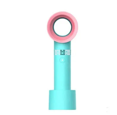 Portable bladeless fan with USB cable and base, showing compact design and bladeless airflow