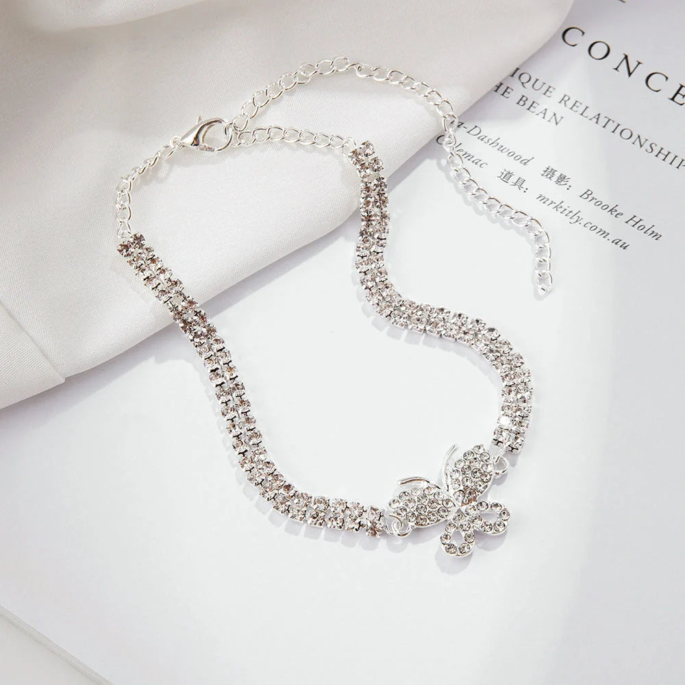 Butterfly anklet with bow design and sparkling gemstones for women