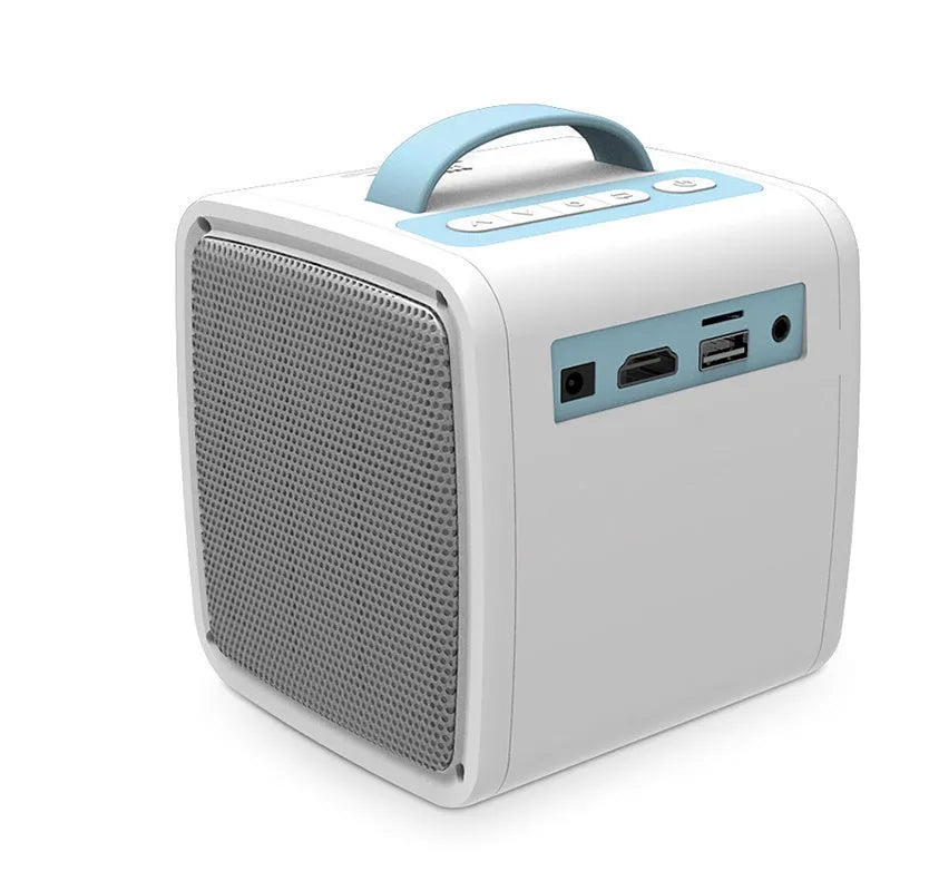 Mini home theatre projector showing size and distance parameters: 20-70 inch image, 1-3 metre throw.
