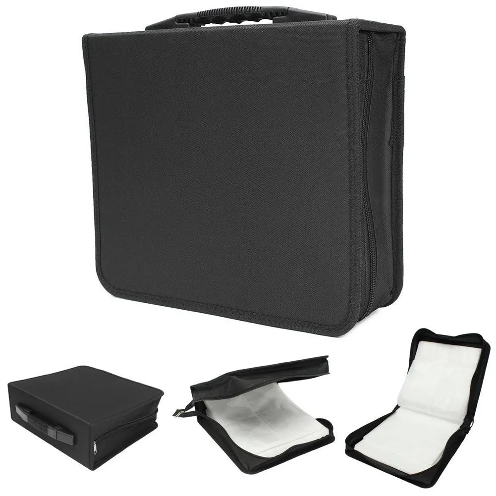 Black Oxford fabric CD and DVD storage organiser case with top carry strap and zipper closed.