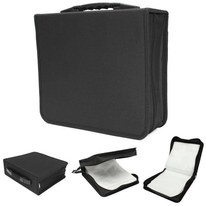 Black Oxford fabric CD and DVD storage organiser case with top carry strap and zipper closed.