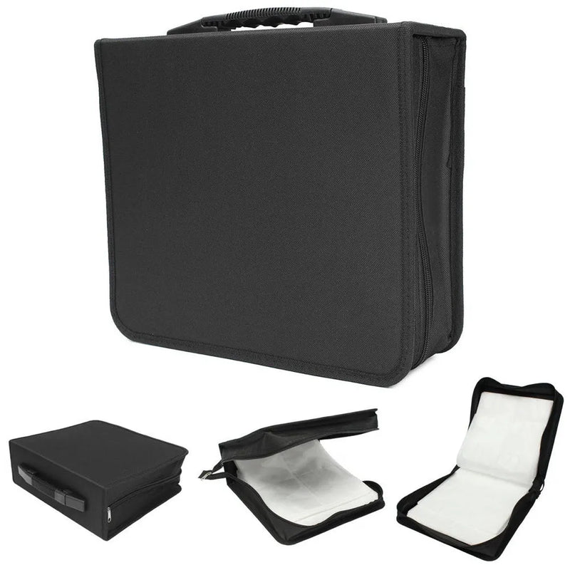 Black CD storage organiser case Oxford cloth fabric DVD binder with zipper closure heavy-duty hand strap durable portable medium large capacity 31.5cm x 28cm x 11.5cm holds from 240 up to 400 discs for music movies and video games.