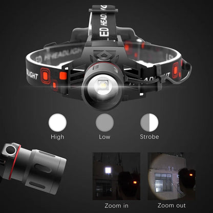 T6 LED zoom headlamp showing white, green, and red light modes with adjustable focus and USB charger.