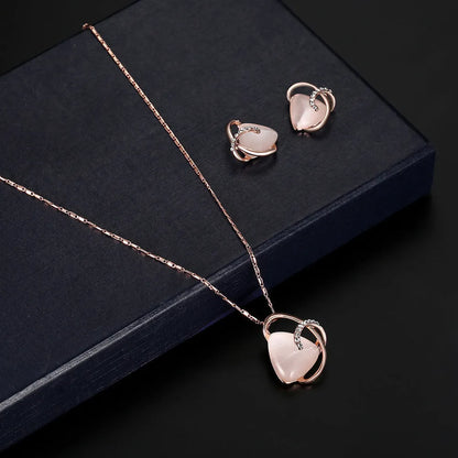 Rose gold alloy necklace and earrings two piece set with inlaid artificial gems and adjustable 21-50cm chain