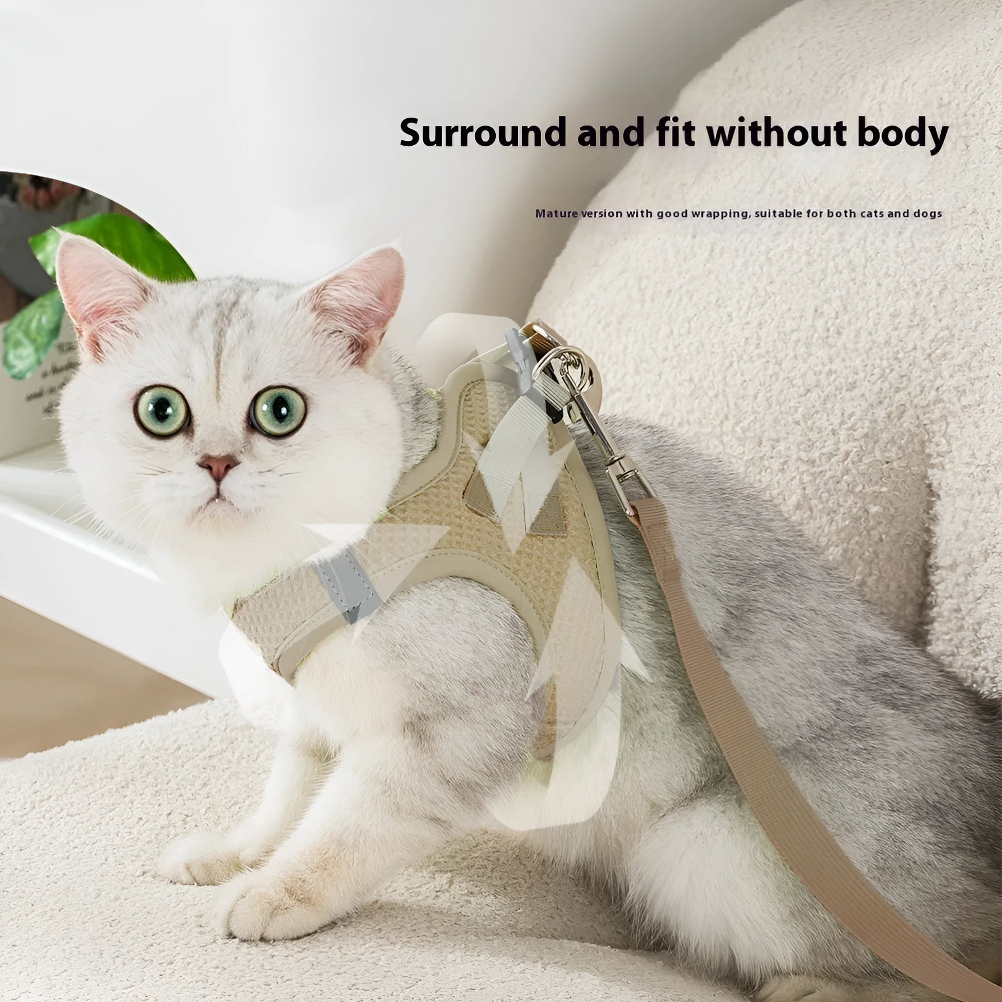 Brown waffle-weave cat chest harness with adjustable straps shown on model