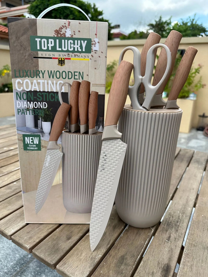 Kitchen Knife Kit Stainless Steel Dish Knife and Scissors Five-Piece Set with 3CR13 Non-Stick Blades and PP TPR Wood Grain Handles in Khaki