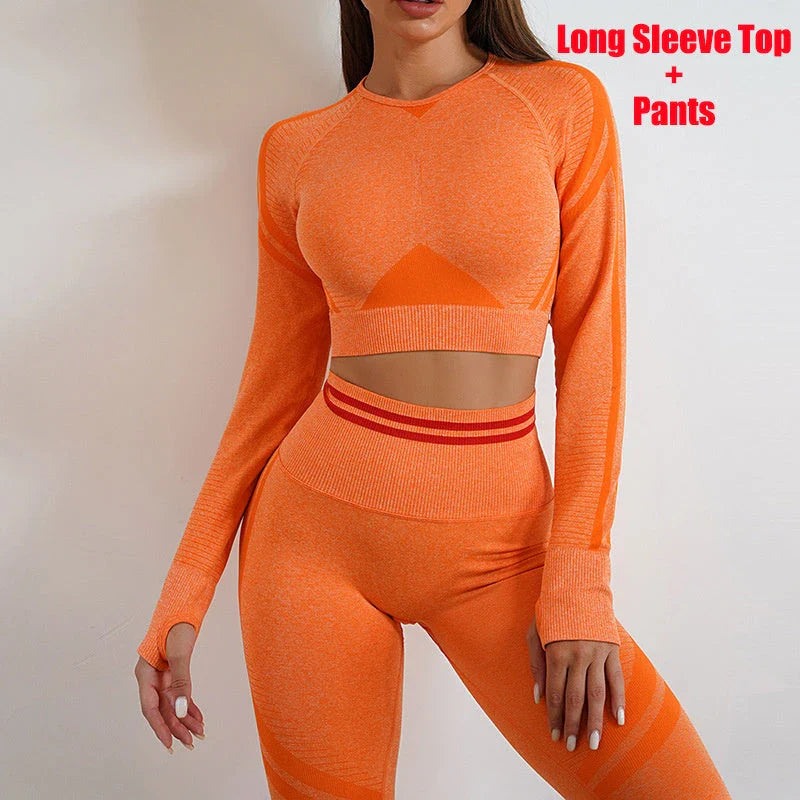 Seamless yoga leggings and long sleeve workout tops in various colors and styles