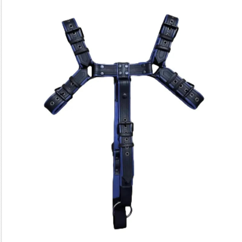 Blue and black leather party shoulder strap with metal buckle rivet and adjustable binding