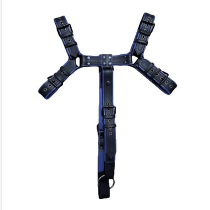 Blue and black leather party shoulder strap with metal buckle rivet and adjustable binding