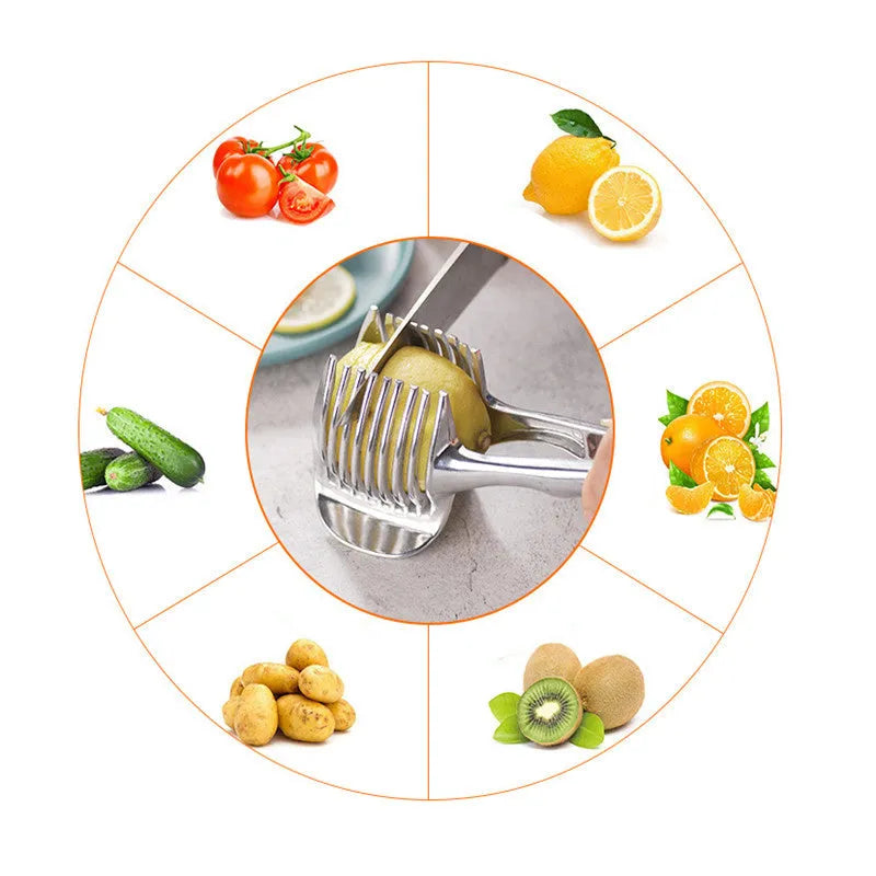 Silver plastic foldable lemon slicer kitchen gadget on a white background.