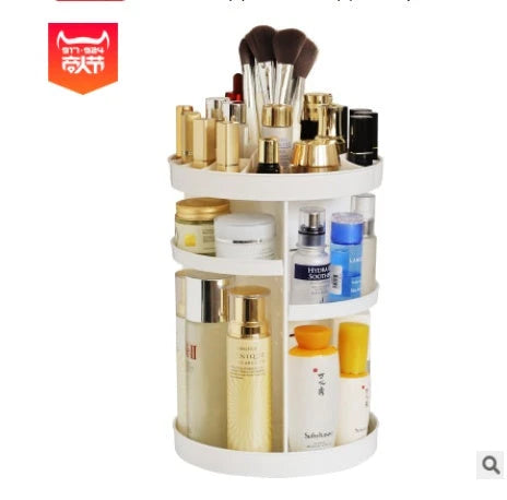 Rotating makeup organizer with detachable drawers in various finishes, including white, black, and transparent options