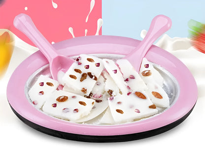 Blue manual fried yogurt ice cream maker with ice tray and serving shovels