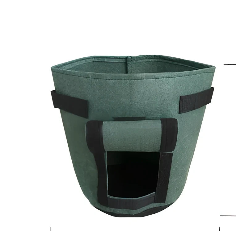 Black non-woven plant growth bag with side window and handles for potato gardening, breathable fabric, large size shown
