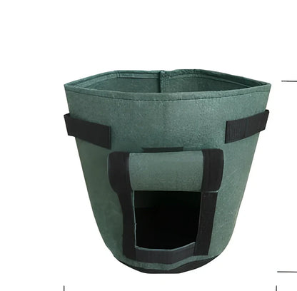 Black non-woven plant growth bag with side window and handles for potato gardening, breathable fabric, large size shown