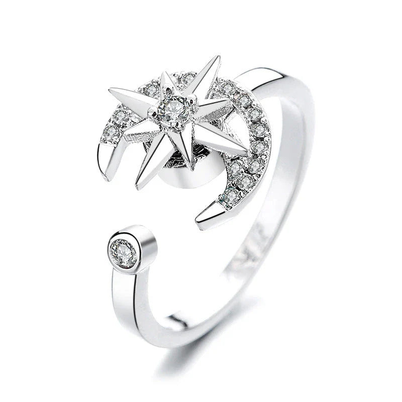Adjustable spinner ring with rotating floral, geometric, and nature-inspired motifs for women's fashion and stress relief
