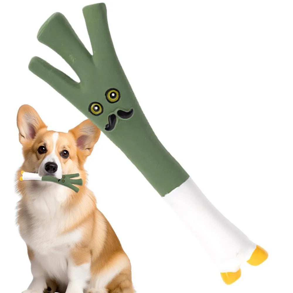 Cartoon onion and eggplant latex dog chew toy in green, orange, or purple colour options.