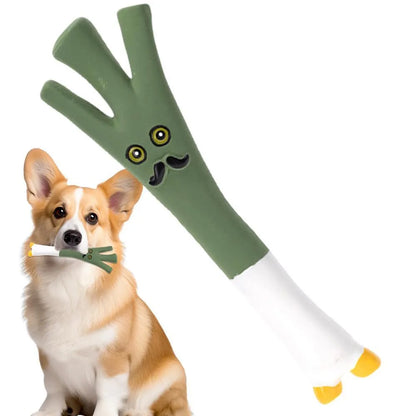 Cartoon onion and eggplant latex dog chew toy in green, orange, or purple colour options.
