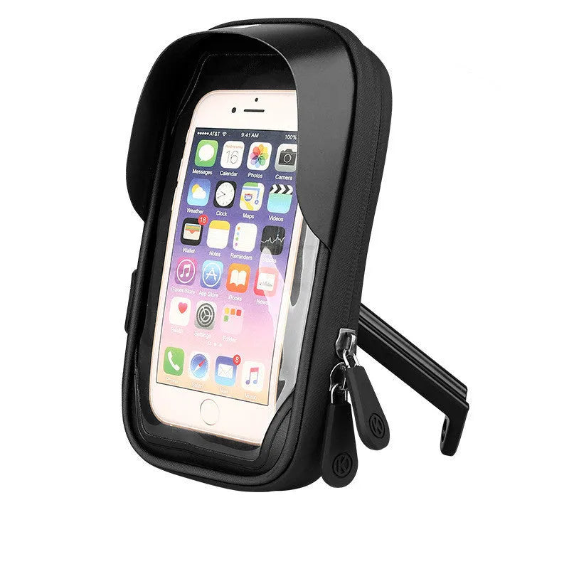 Mobile phone stand with a 0.3mm TPU touch screen for in-use device access, designed for bicycle handlebars and car rearview mirrors to fit phones from 4.5 to 6.4 inches