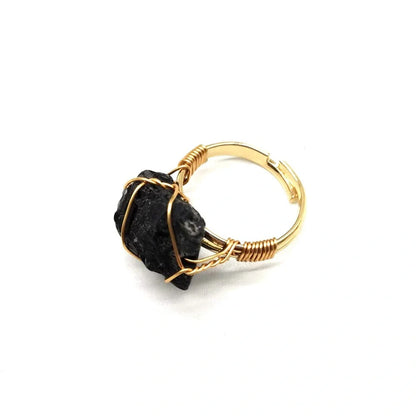 Adjustable hand-wrapped rough stone agate ring in various colours with ethnic design