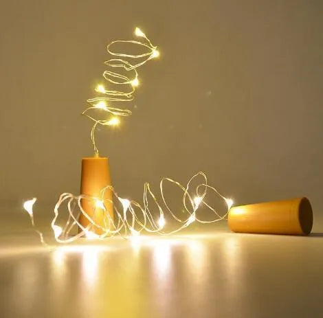 2 metre copper wire LED string lights with 20 warm white bulbs and wine bottle stopper for decorative lighting