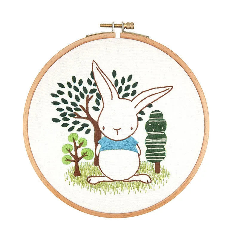 DIY embroidery material package with cotton linen fabric in Rabbit's Secret cartoon style.