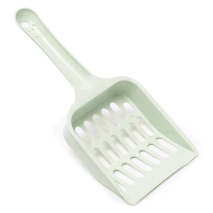 Plastic cat litter scoop in blue on a white background, showing handle and perforated scoop area.