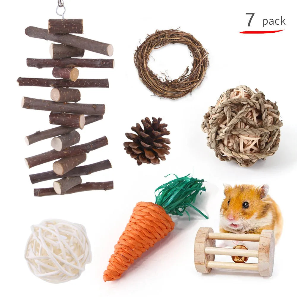 Assorted natural wooden chew toys for small pets including balls, rings, and mats on a plain background.