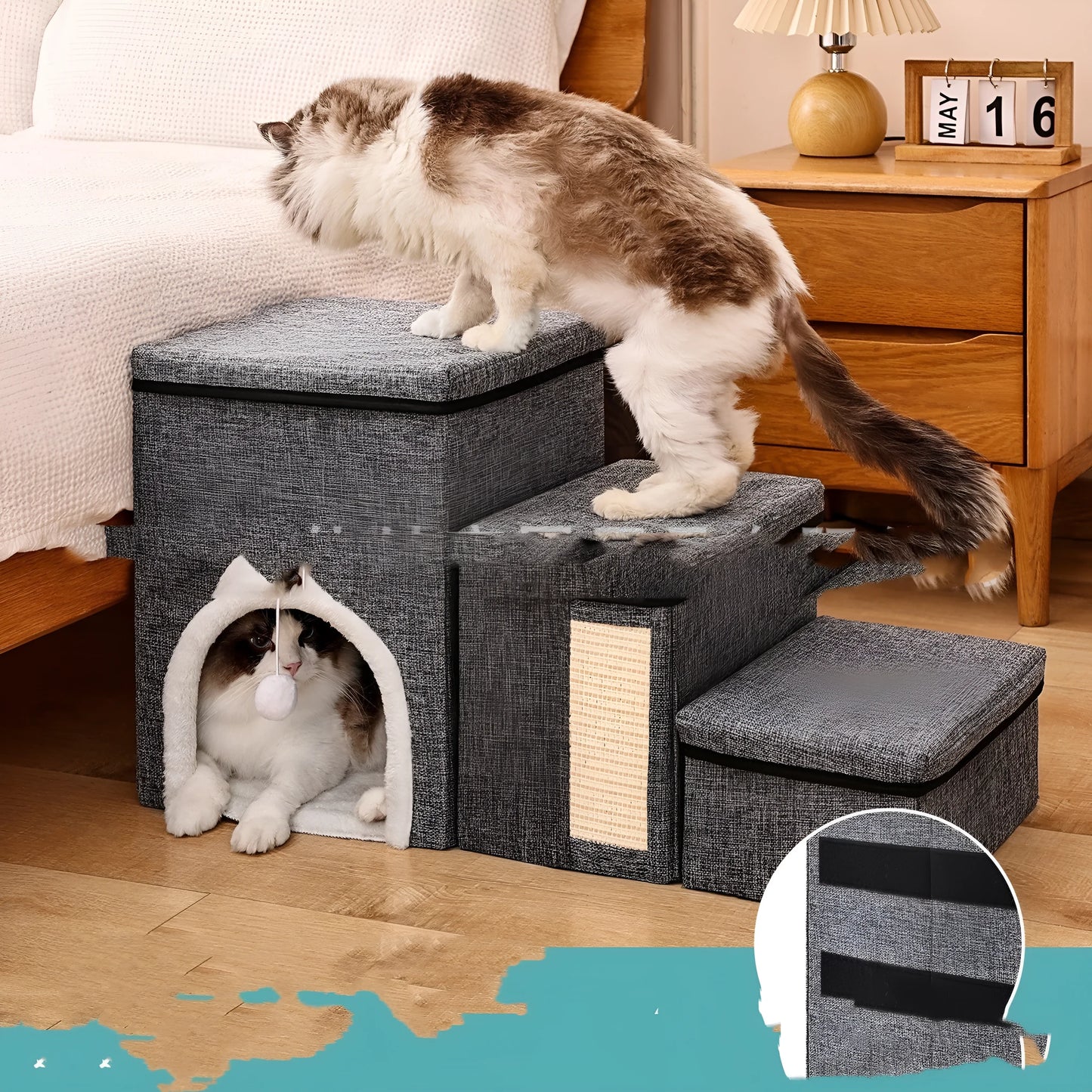 Dark grey cloth pet steps ladder measuring 33x76x42cm for dogs and cats