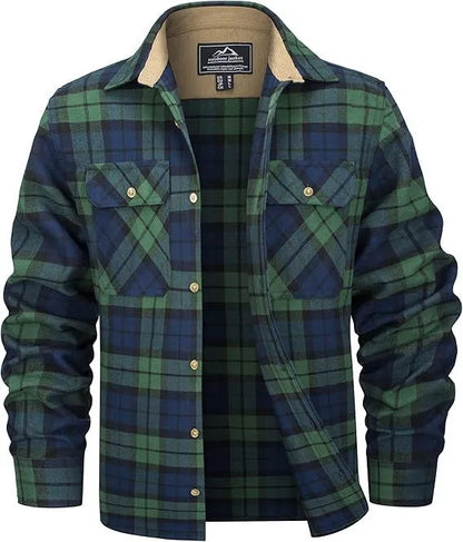 Men's polyester flannel button shirt in plaid pattern showing colour options and button-front design