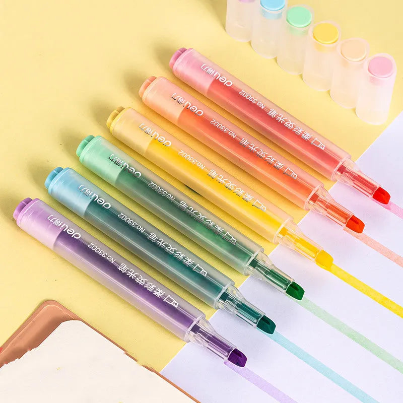Deli S605 soft colour highlighter pens with oblique fibre tips in macaron, crystal and dark colour sets