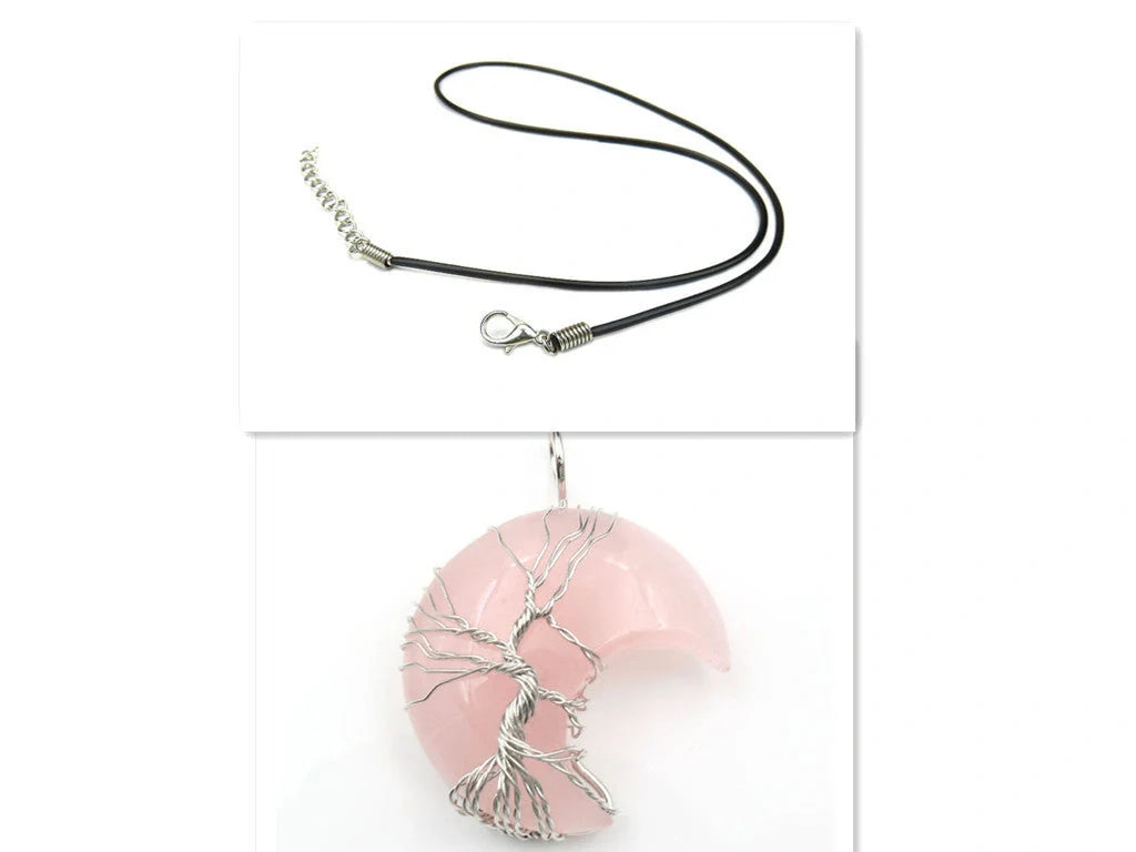 Handmade moon-shaped Tree of Life pendant necklace in natural crystal stone