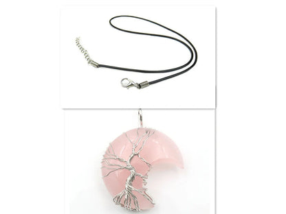 Handmade moon-shaped Tree of Life pendant necklace in natural crystal stone
